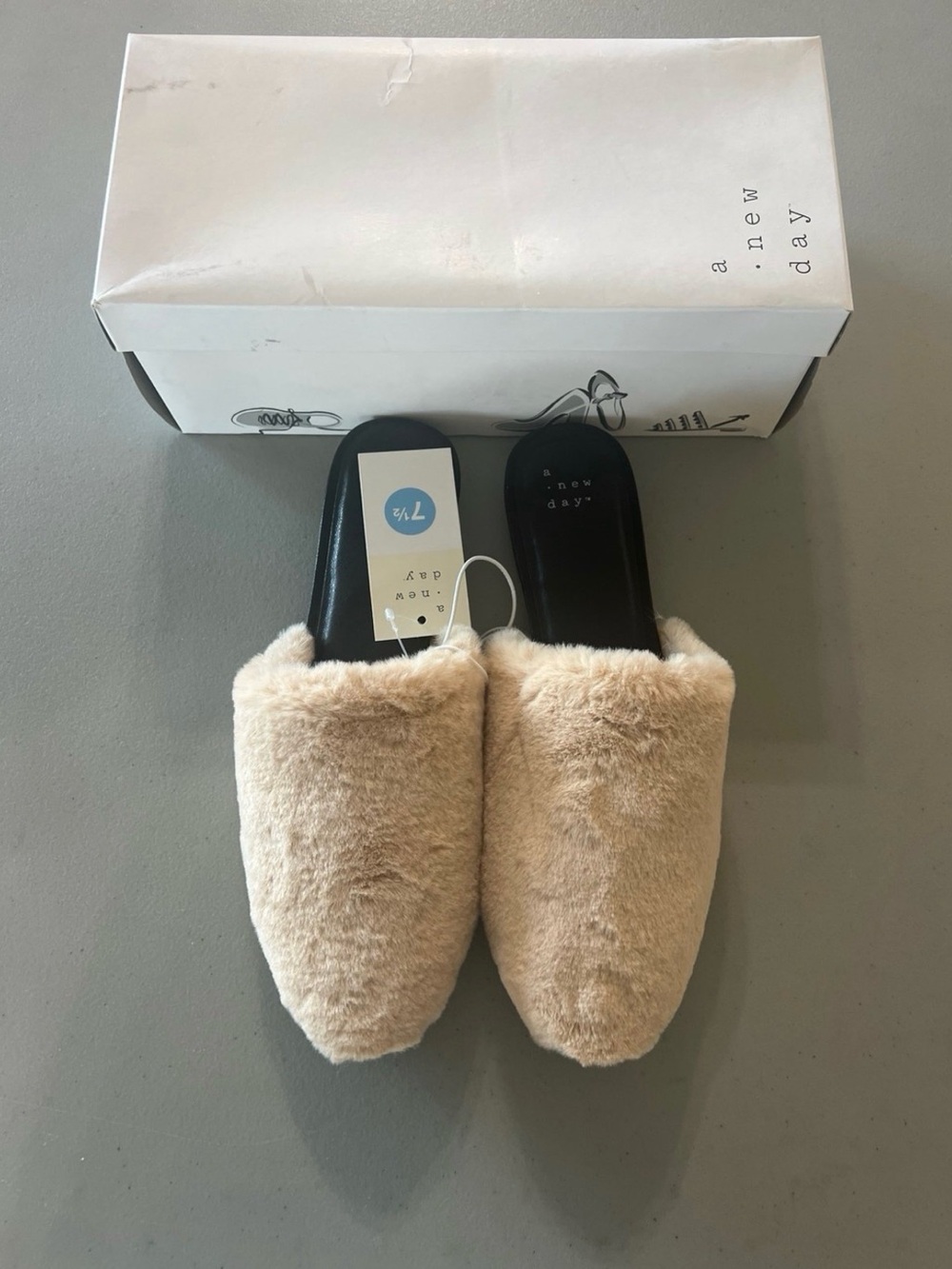 a new day Beige Faux Fur Slide Mules Size 6